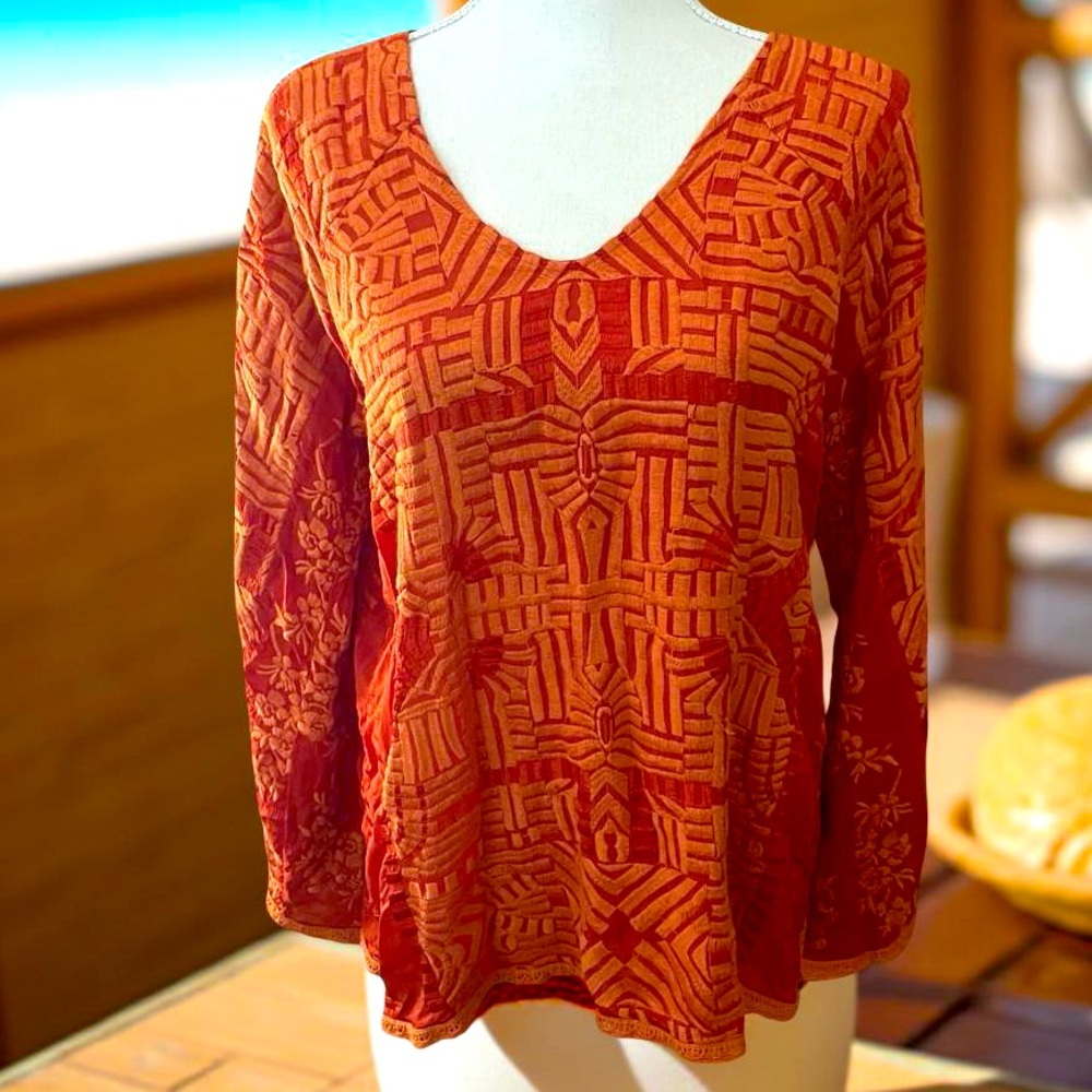 Johnny Was Orange Embroidery peasant blouse sz XS Vneck long sleeve eyelet lace - Picture 3 of 16